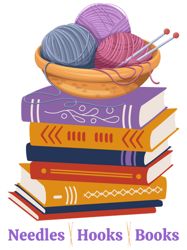 A stack of books with a bowl of yarn and knitting needles on top; text below reads "Needles | Hooks | Books.