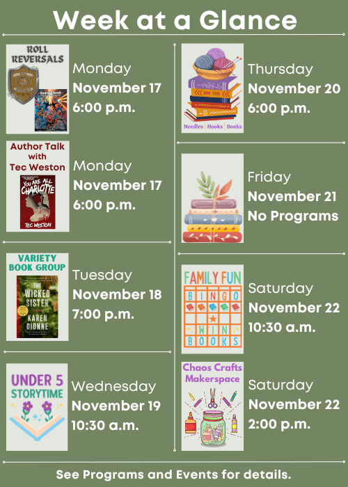 Week at a Glance | Roll Reversals Monday November 17 6:00 p.m., Author Talk with Tec Weston Monday November 17 6:00 p.m. | Variety Book Group Tuesday November 18 7:00 p.m. | Under Five Storytime Wednesday November 19 10:30 a.m. | Needles, Hooks and Books Thursday November 20 6:00 p.m. | No Programs Friday November 21 | Family Fun Bingo Saturday November 22 10:30 a.m., Chaos Crafts Makerspace Saturday November 22 2:00 p.m. | See Programs and Events for details.